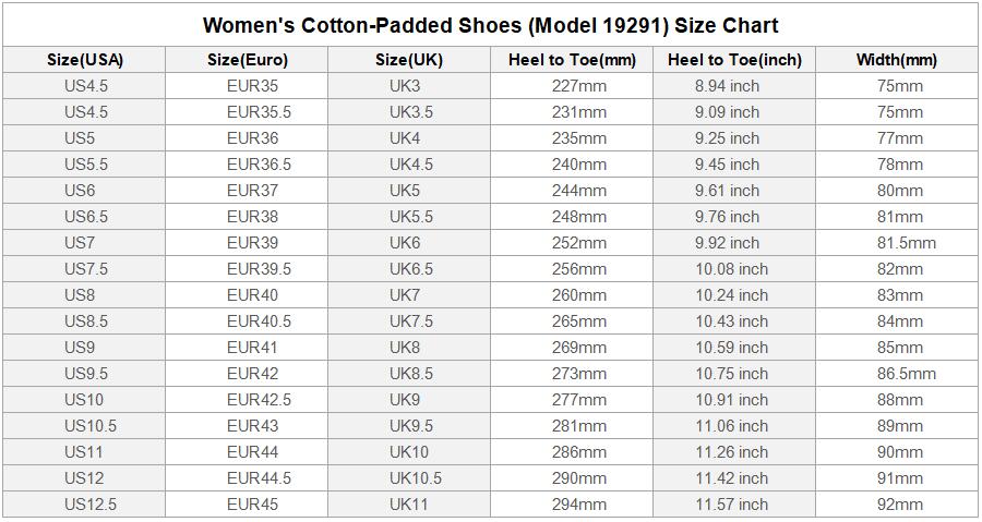 Manufacturer size and product reference for Padded Shoes