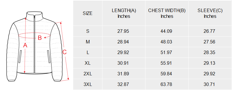 Manufacturer size and product reference for Padded Jacket