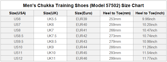 Manufacturer size and product reference for Chukka Shoes