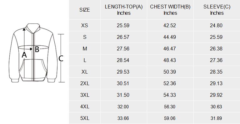 Manufacturer size and product reference for Bomber Jacket