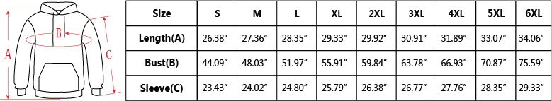 Manufacturer size and product reference for Hoodie